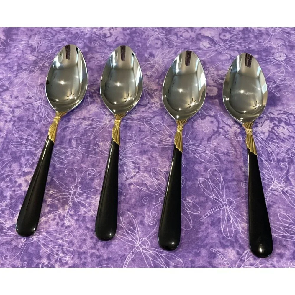 Yamazaki Lindi Teaspoons 18/8 Stainless Black Handle Gold Accent Set‎ Of 4 VTG